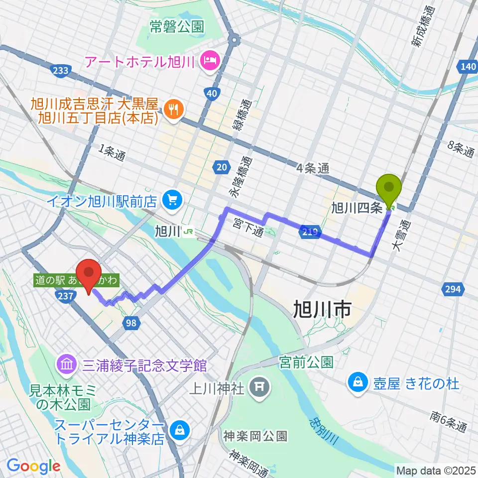 旭川四条駅から道北アークス大雪アリーナへのルートマップ地図