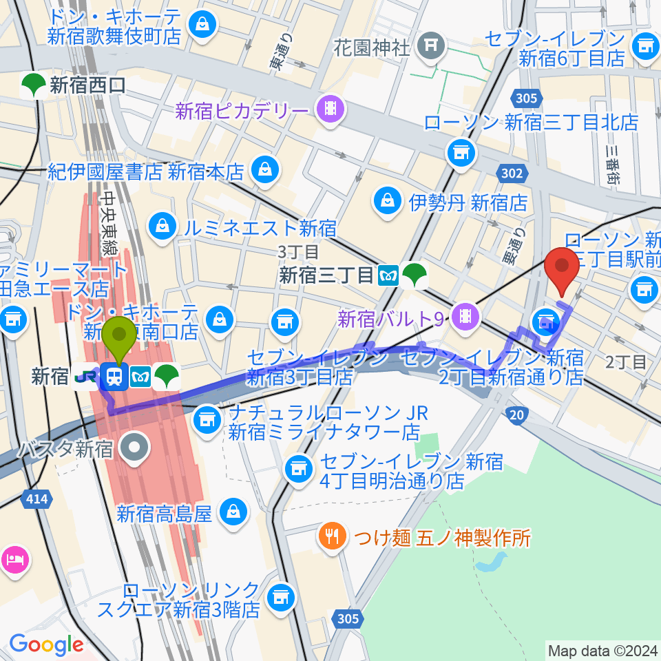 新宿駅からスタジオピットインへのルートマップ地図