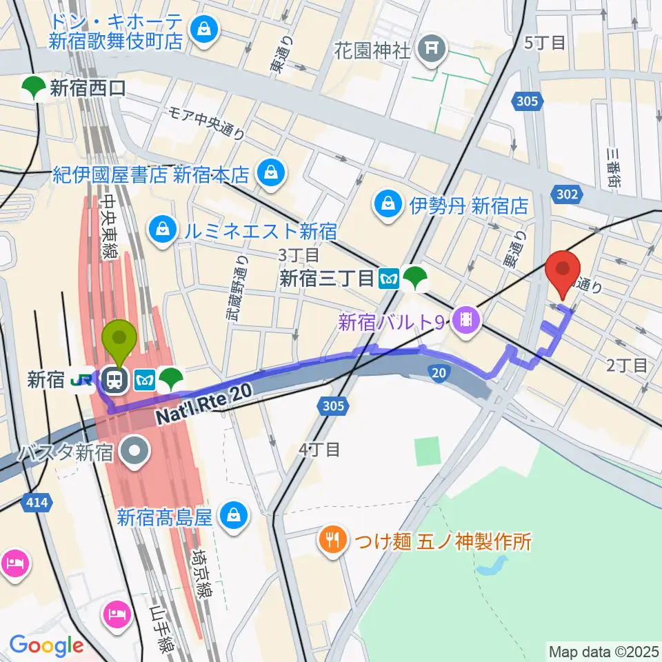 新宿駅からスタジオピットインへのルートマップ地図