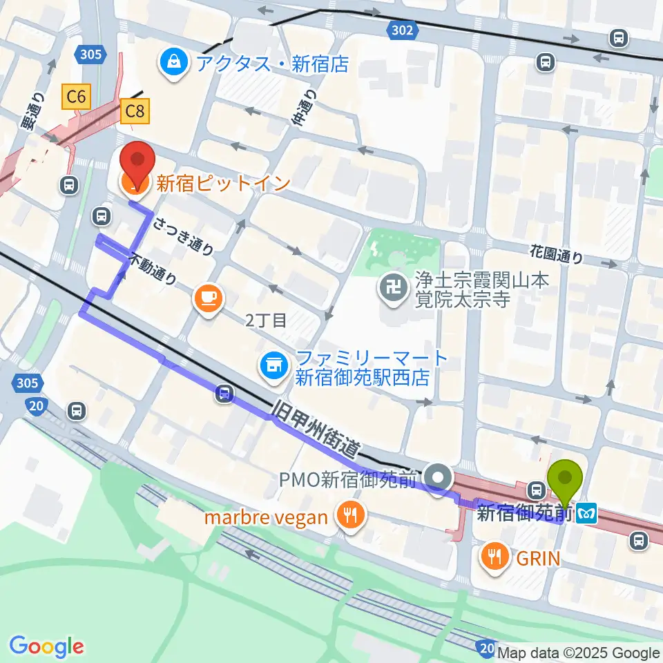 新宿御苑前駅からスタジオピットインへのルートマップ地図