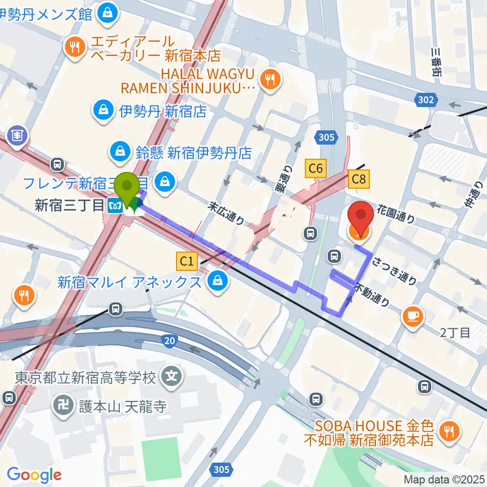 スタジオピットインの最寄駅新宿三丁目駅からの徒歩ルート（約4分）地図