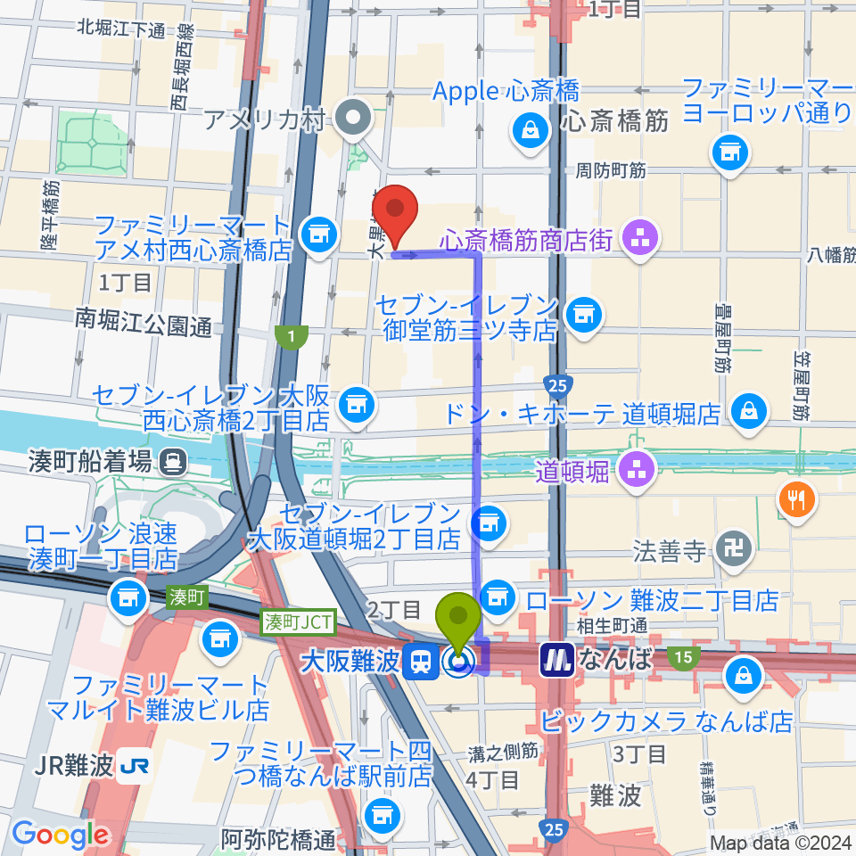 大阪難波駅から心斎橋Animaへのルートマップ地図