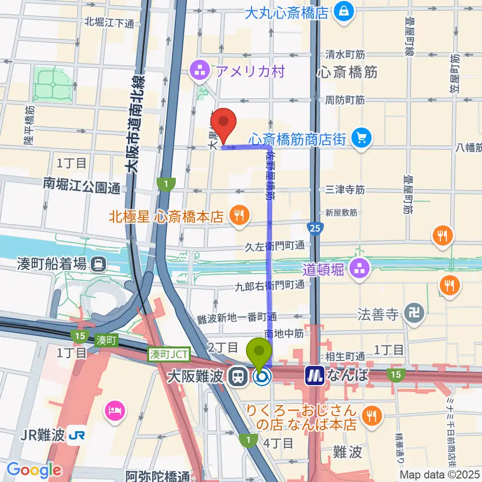 大阪難波駅から心斎橋Animaへのルートマップ地図