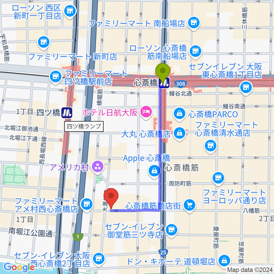 心斎橋駅から心斎橋Animaへのルートマップ地図