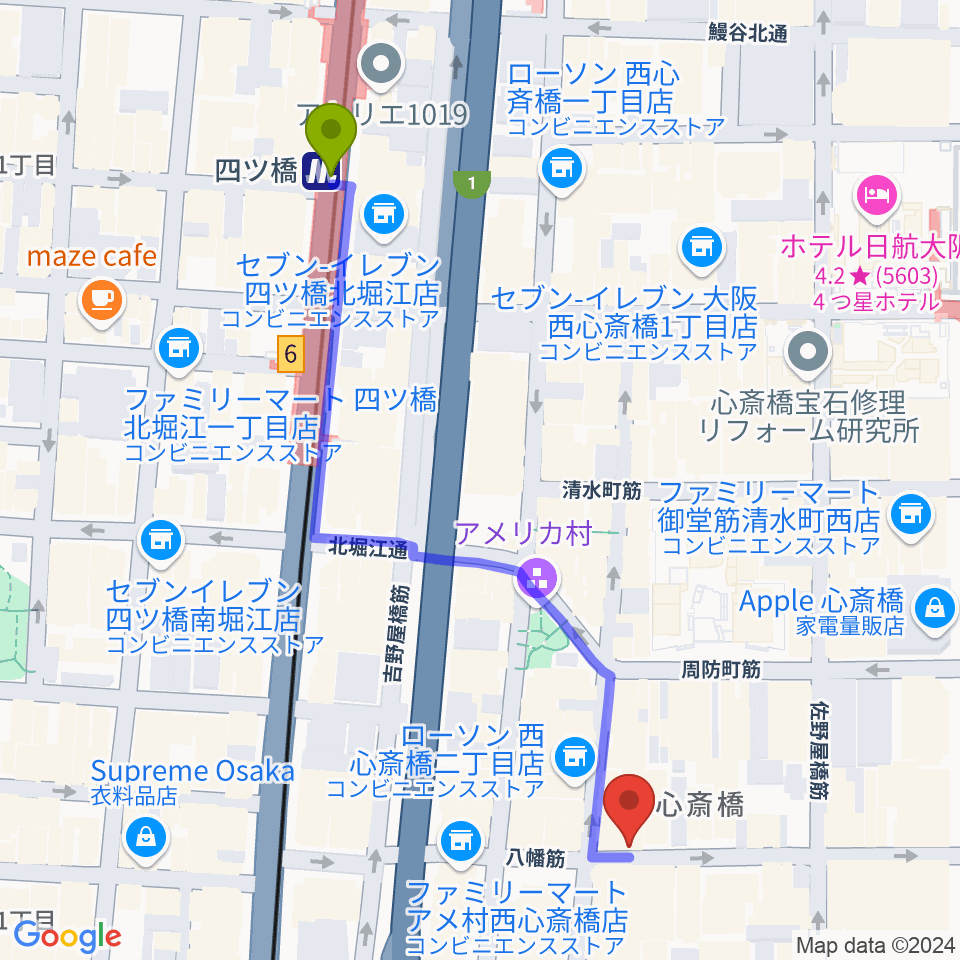 心斎橋Animaの最寄駅四ツ橋駅からの徒歩ルート（約6分）地図