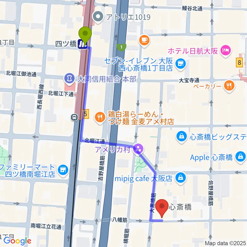 心斎橋Animaの最寄駅四ツ橋駅からの徒歩ルート（約6分）地図