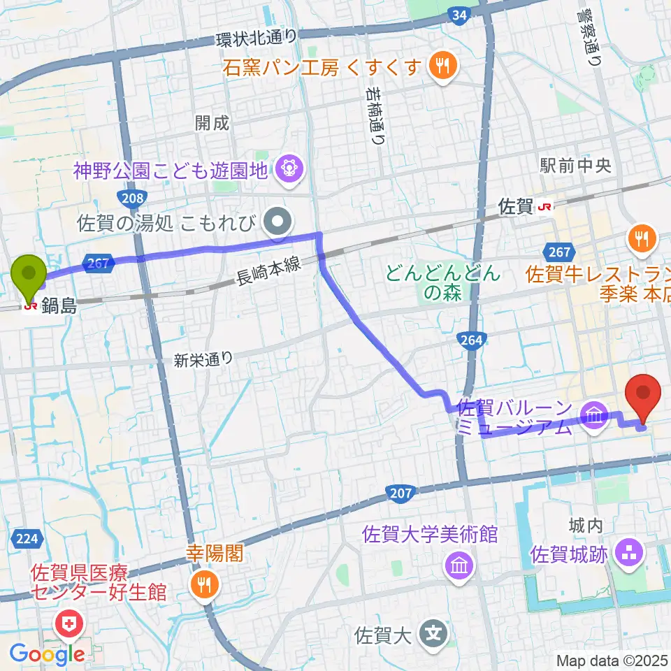 鍋島駅から佐賀シアター・シエマへのルートマップ地図