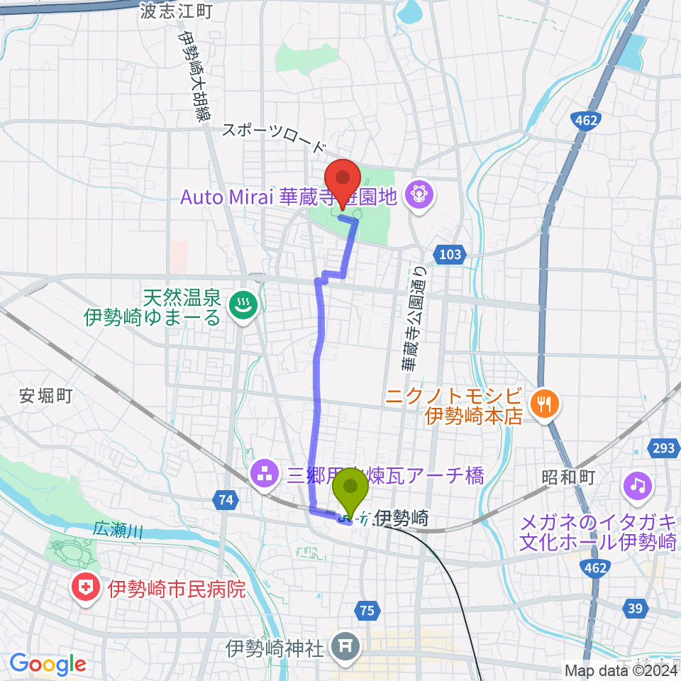 アイオーしんきん伊勢崎アリーナの最寄駅伊勢崎駅からの徒歩ルート（約28分）地図