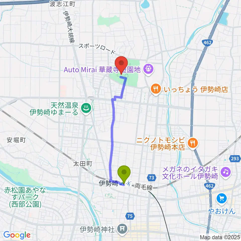 アイオーしんきん伊勢崎アリーナの最寄駅伊勢崎駅からの徒歩ルート（約28分）地図