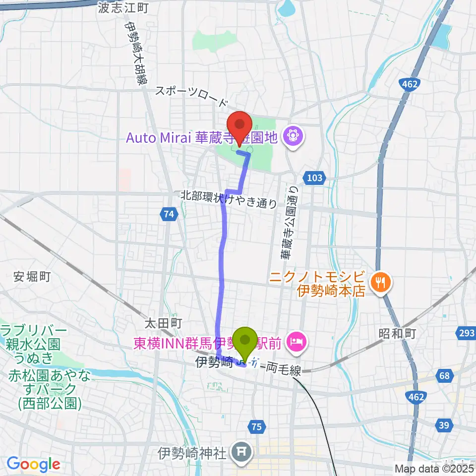 アイオーしんきん伊勢崎アリーナの最寄駅伊勢崎駅からの徒歩ルート（約28分）地図