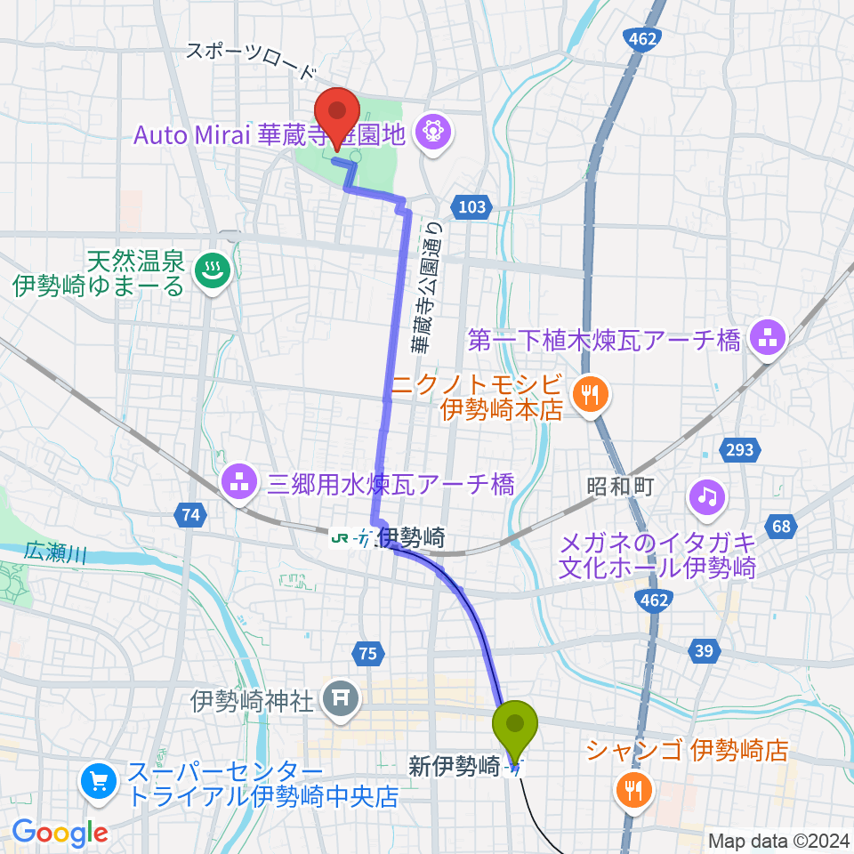 新伊勢崎駅からアイオーしんきん伊勢崎アリーナへのルートマップ地図