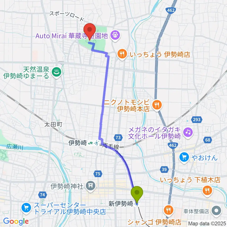 新伊勢崎駅からアイオーしんきん伊勢崎アリーナへのルートマップ地図