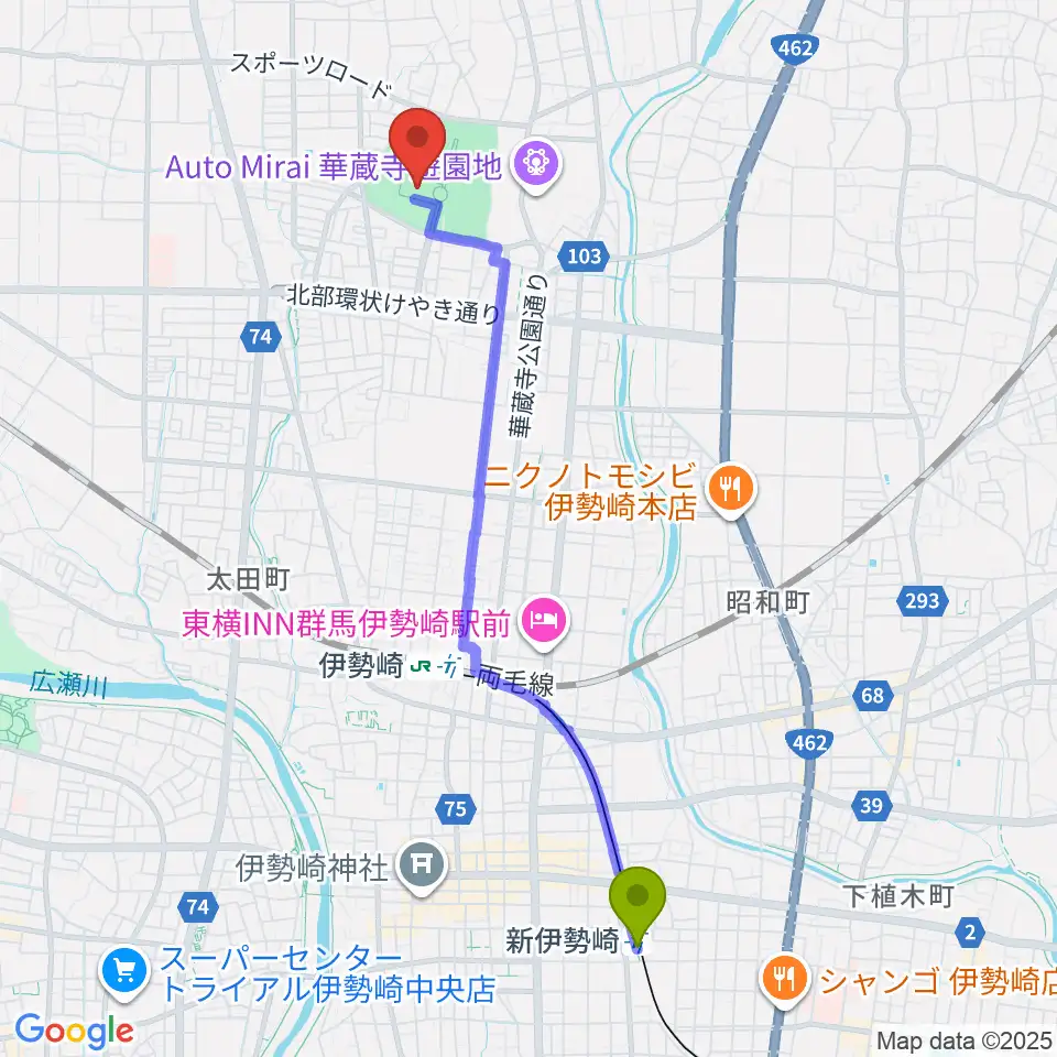 新伊勢崎駅からアイオーしんきん伊勢崎アリーナへのルートマップ地図