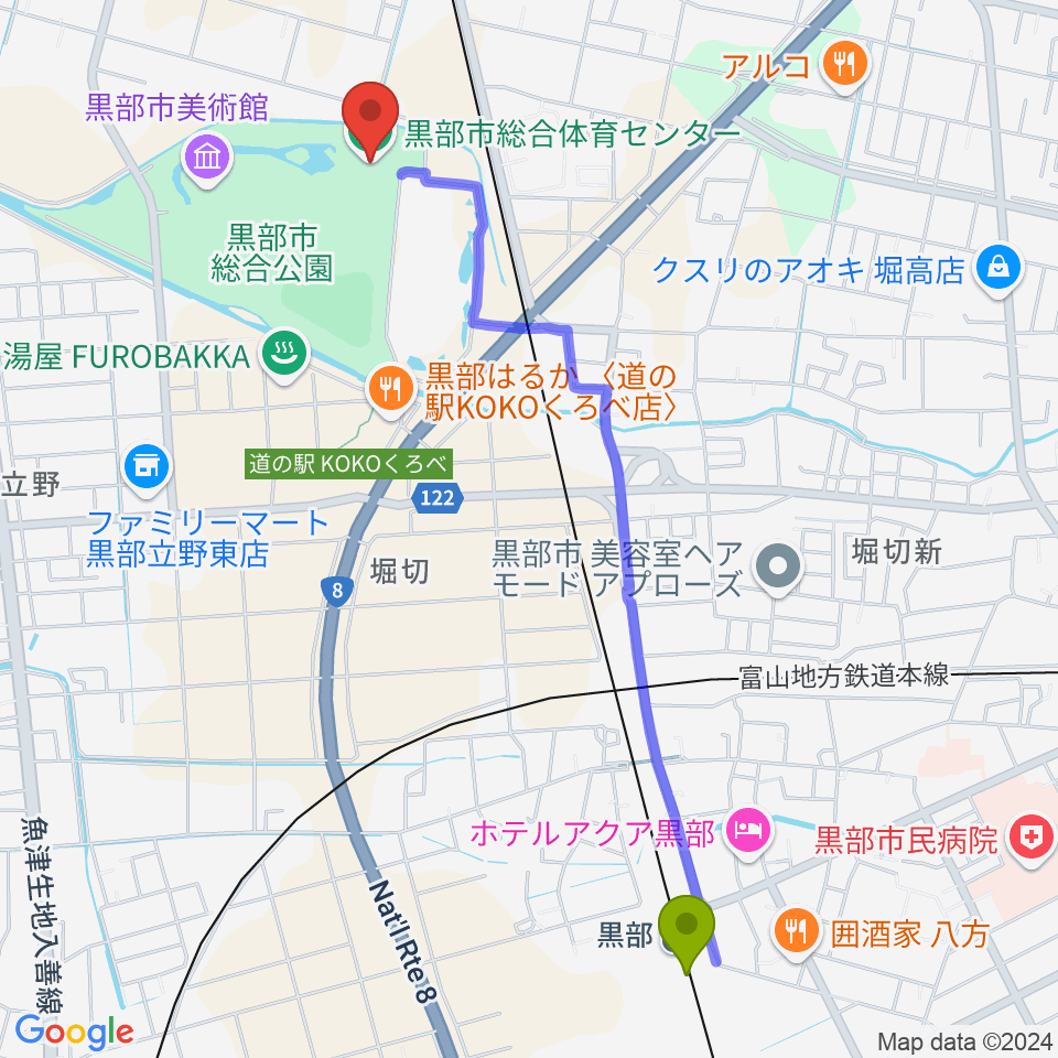 黒部市総合体育センターの最寄駅黒部駅からの徒歩ルート（約25分）地図