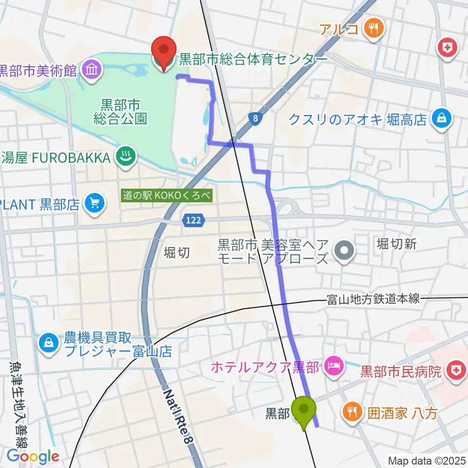 黒部市総合体育センターの最寄駅黒部駅からの徒歩ルート（約25分）地図
