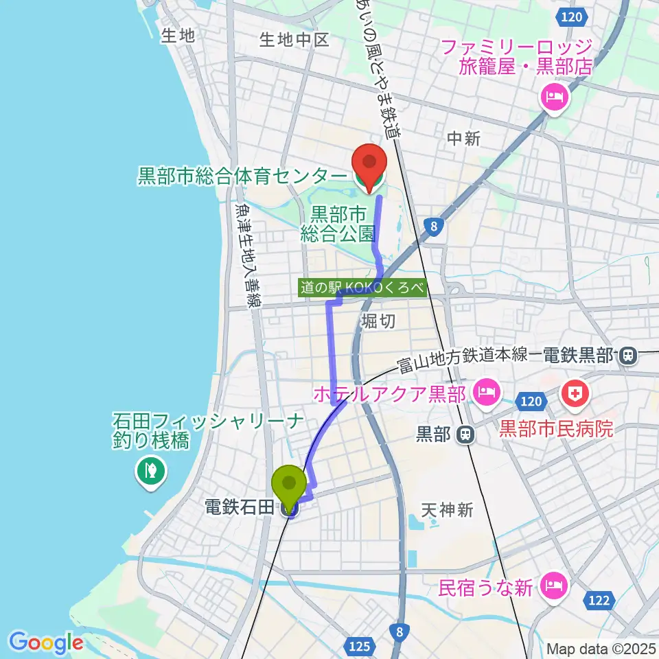 電鉄石田駅から黒部市総合体育センターへのルートマップ地図