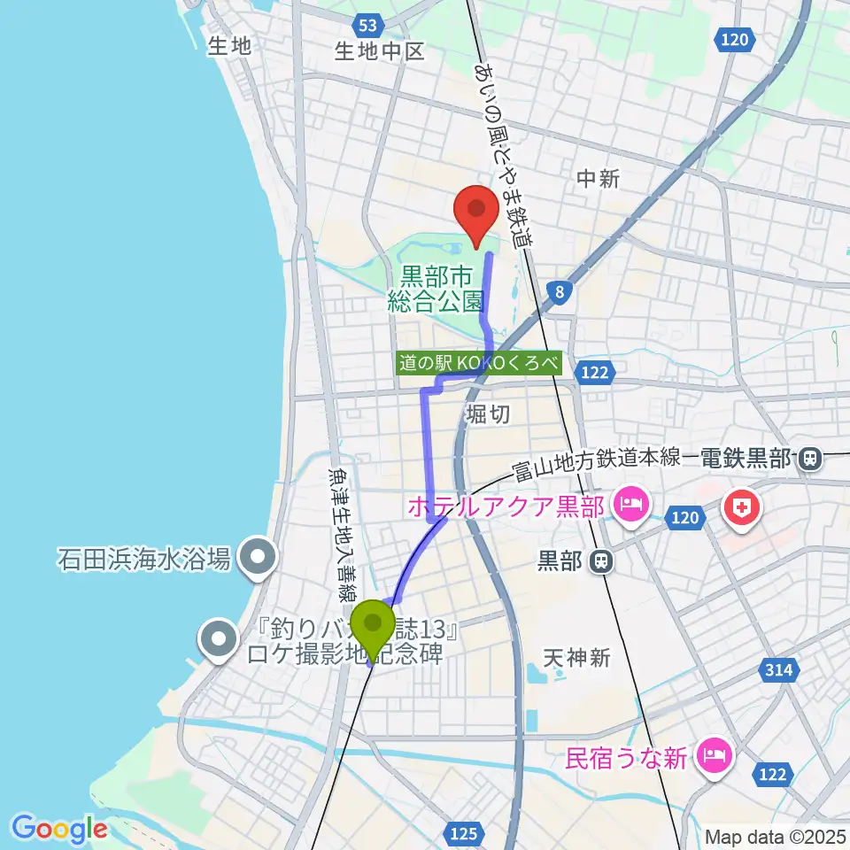 電鉄石田駅から黒部市総合体育センターへのルートマップ地図