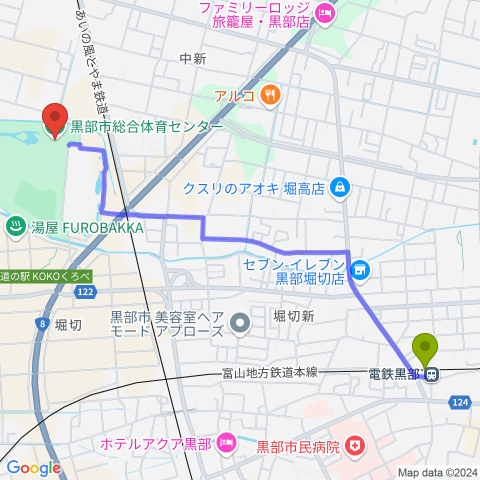 電鉄黒部駅から黒部市総合体育センターへのルートマップ地図