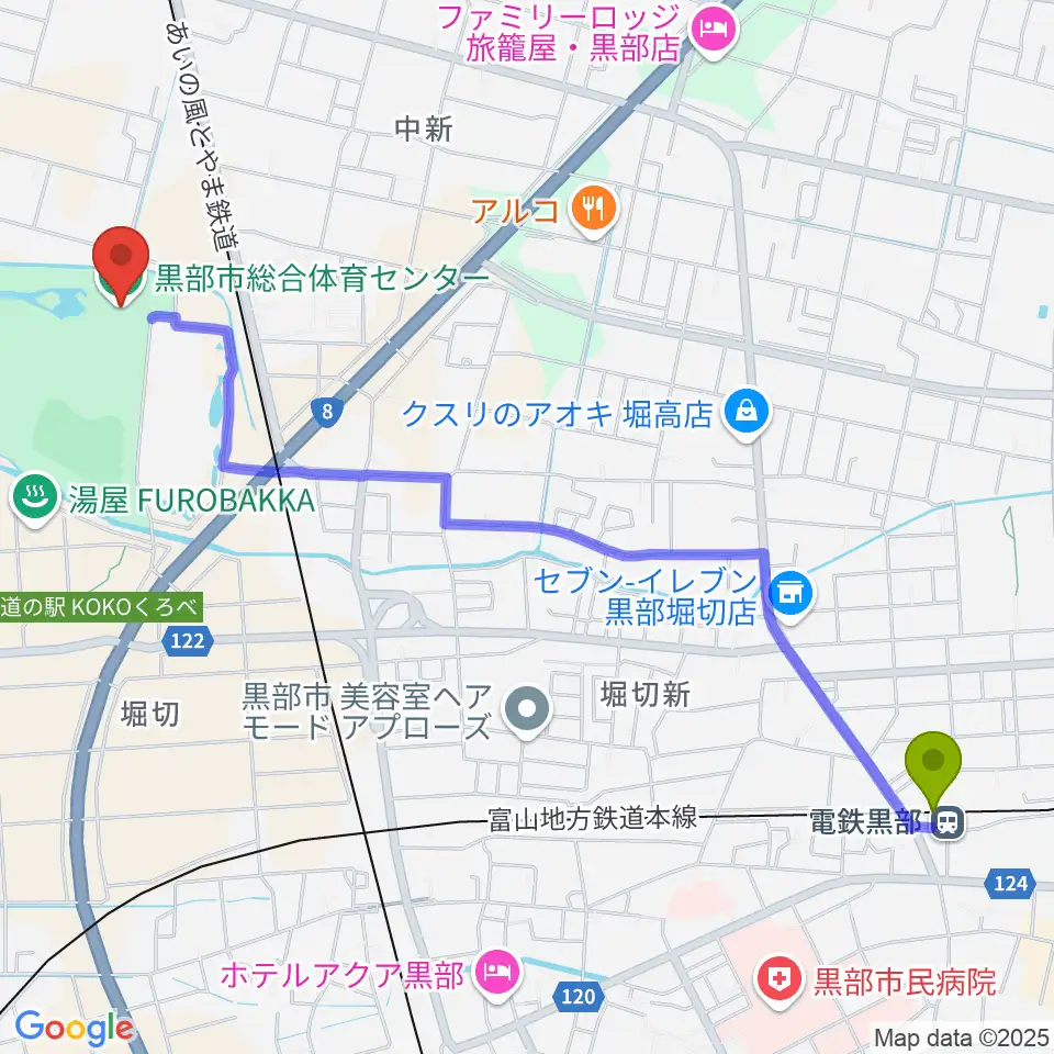 電鉄黒部駅から黒部市総合体育センターへのルートマップ地図