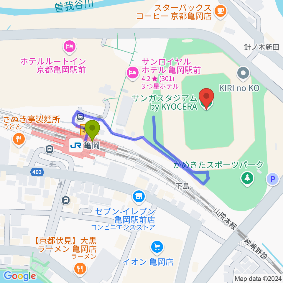 サンガスタジアム by KYOCERAの最寄駅亀岡駅からの徒歩ルート（約3分）地図