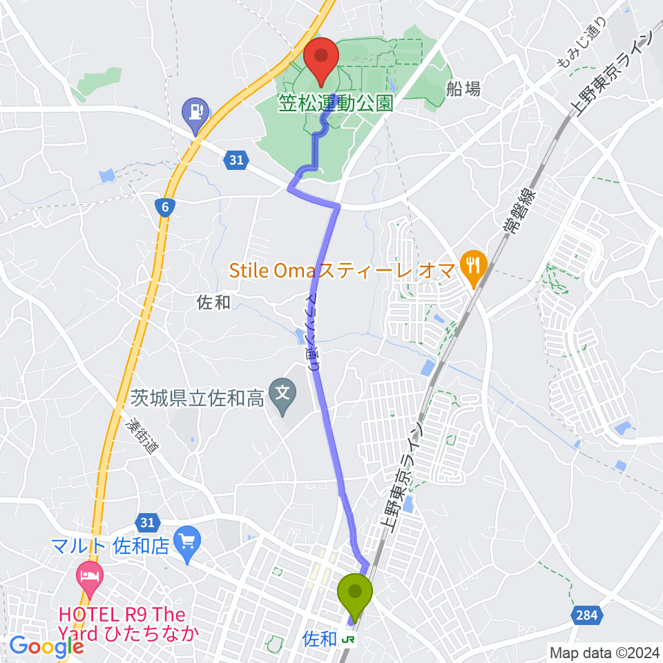 佐和駅から水戸信用金庫スタジアムへのルートマップ地図