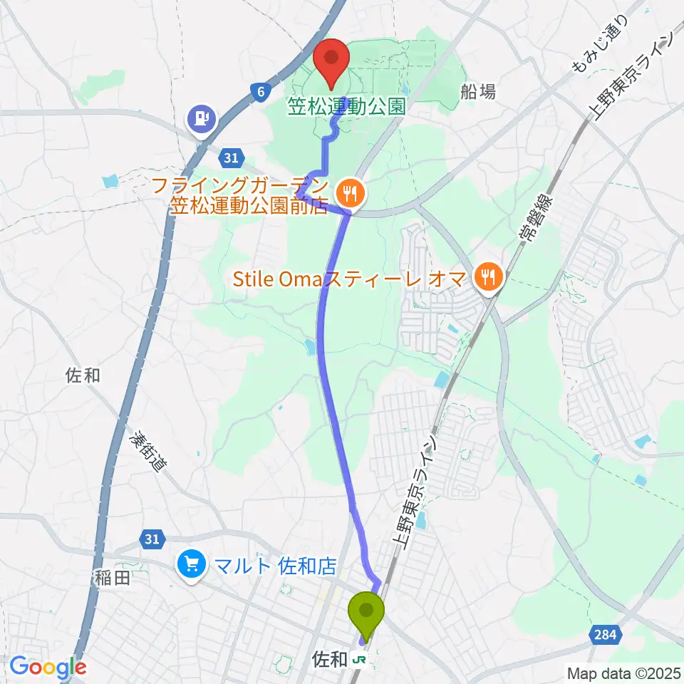 佐和駅から水戸信用金庫スタジアムへのルートマップ地図