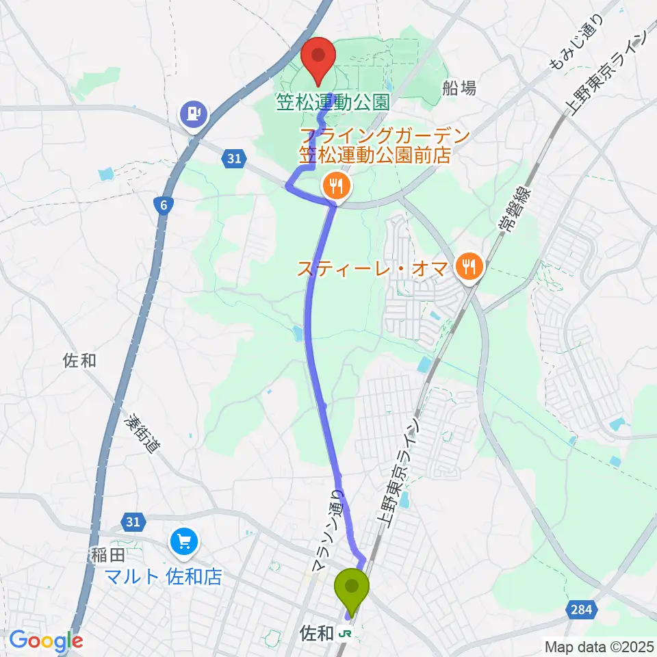 佐和駅から水戸信用金庫スタジアムへのルートマップ地図