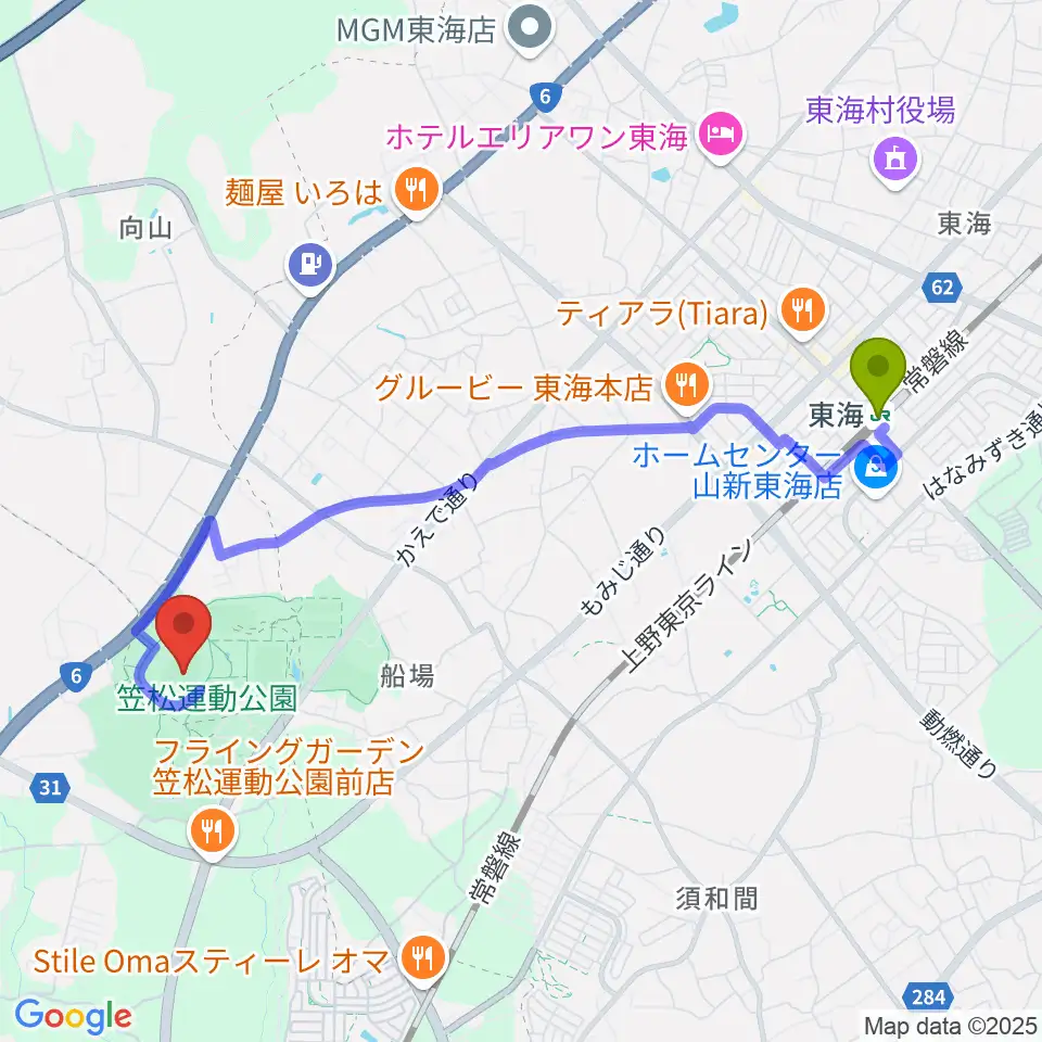 水戸信用金庫スタジアムの最寄駅東海駅からの徒歩ルート（約44分）地図