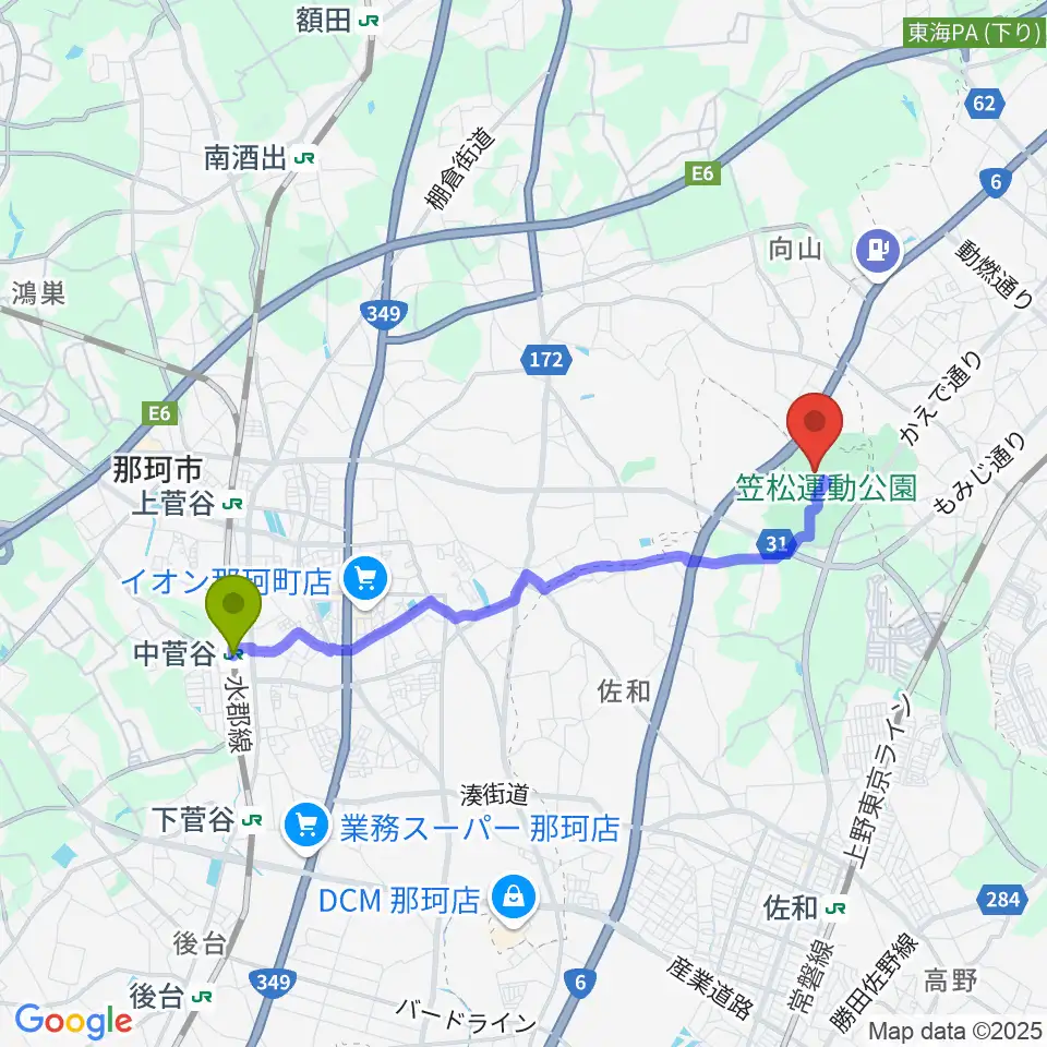 中菅谷駅から水戸信用金庫スタジアムへのルートマップ地図