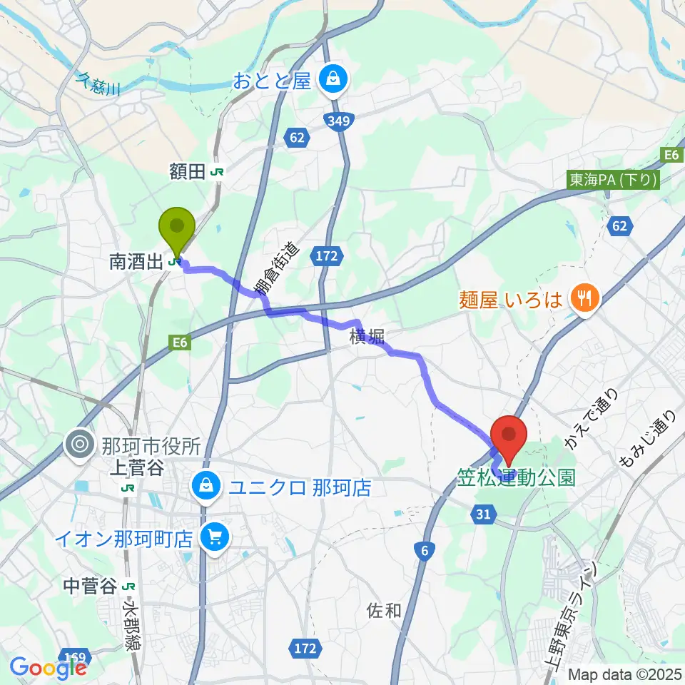 南酒出駅から水戸信用金庫スタジアムへのルートマップ地図