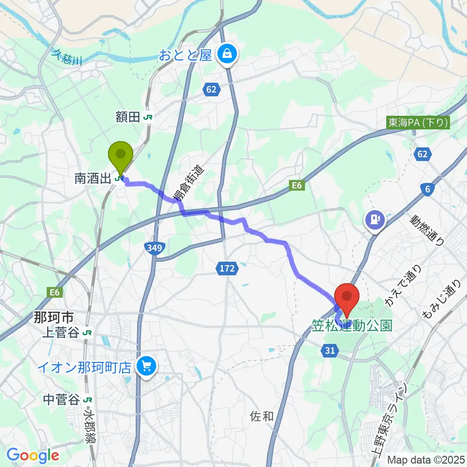 南酒出駅から水戸信用金庫スタジアムへのルートマップ地図