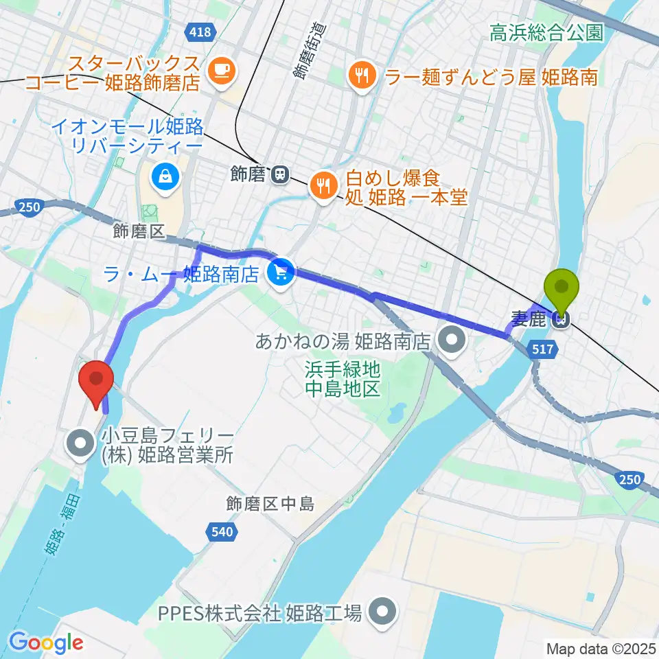 妻鹿駅からKD姫路みなとドームへのルートマップ地図
