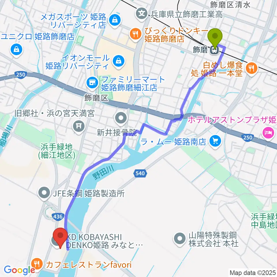 KD姫路みなとドームの最寄駅飾磨駅からの徒歩ルート（約29分）地図