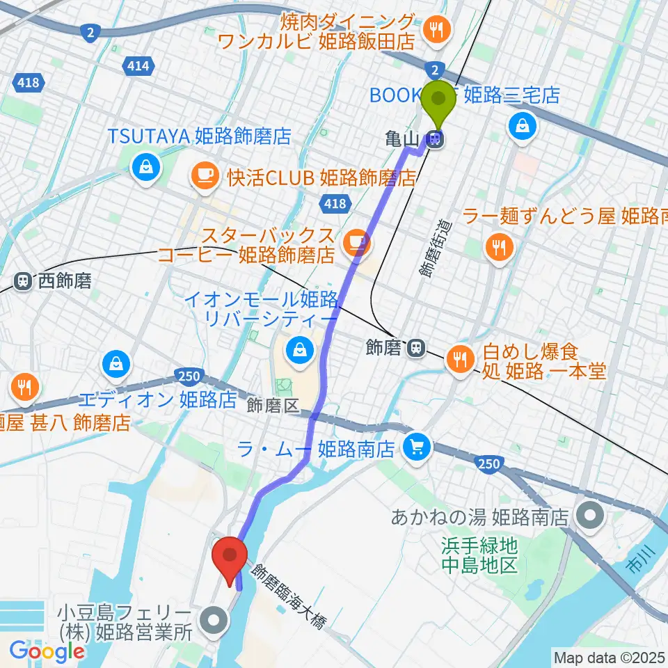 亀山駅からKD姫路みなとドームへのルートマップ地図