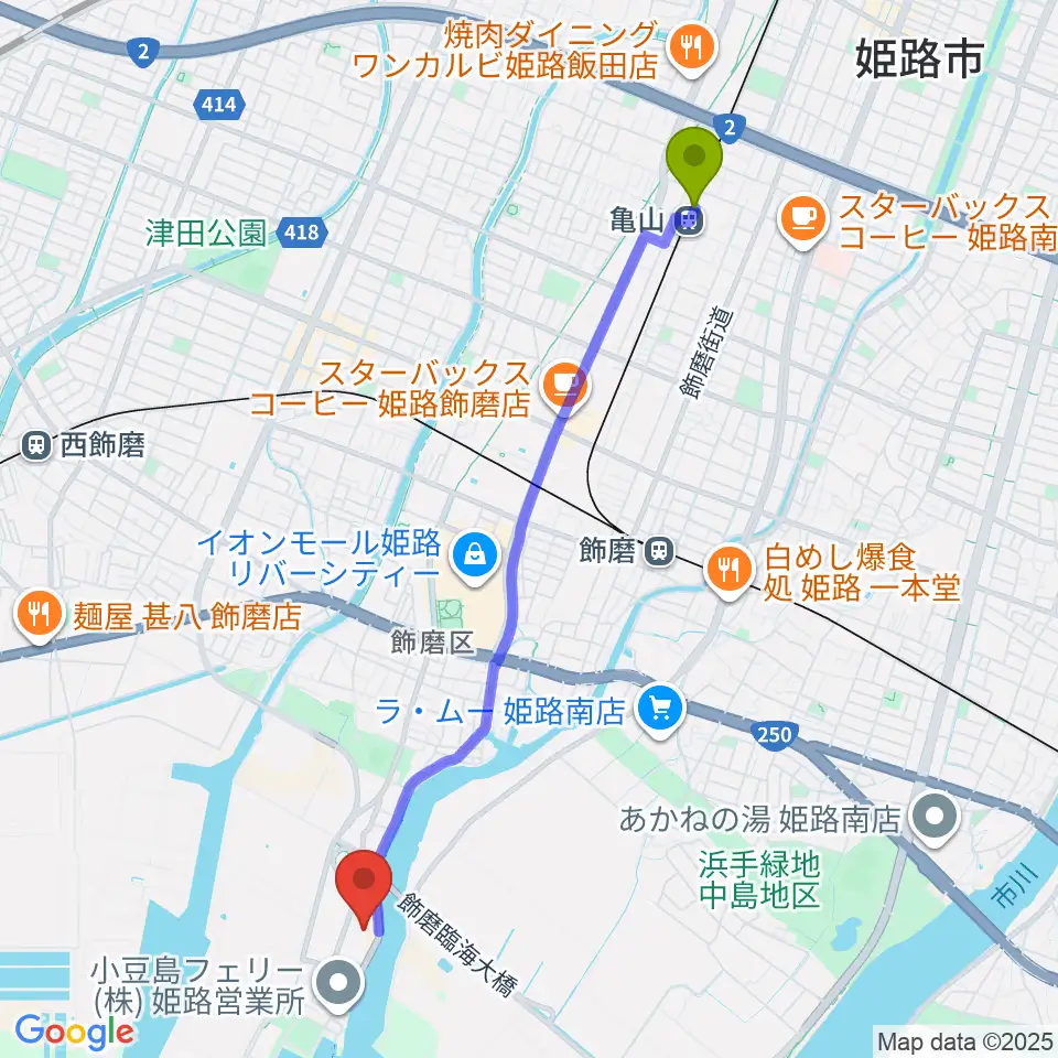亀山駅からKD姫路みなとドームへのルートマップ地図