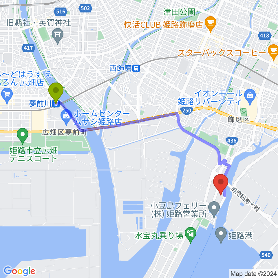 夢前川駅からKD姫路みなとドームへのルートマップ地図