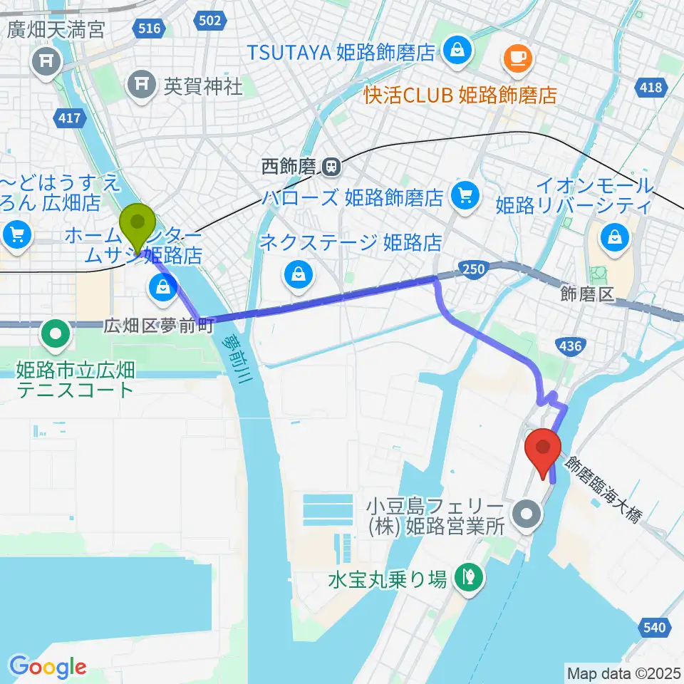 夢前川駅からKD姫路みなとドームへのルートマップ地図