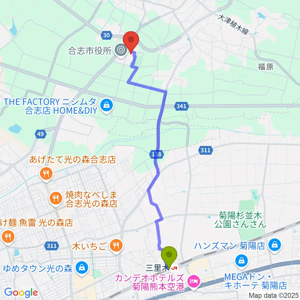 合志市総合体育館の最寄駅三里木駅からの徒歩ルート（約47分）地図