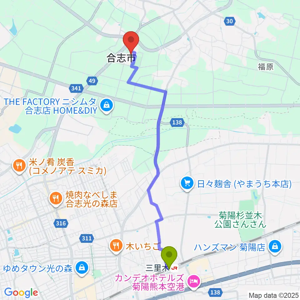 合志市総合体育館の最寄駅三里木駅からの徒歩ルート（約47分）地図