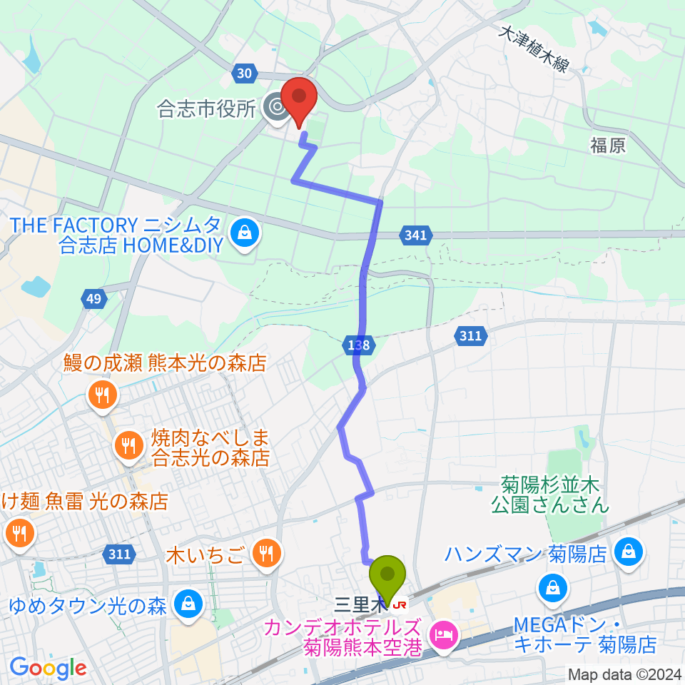 合志市文化会館の最寄駅三里木駅からの徒歩ルート（約45分）地図