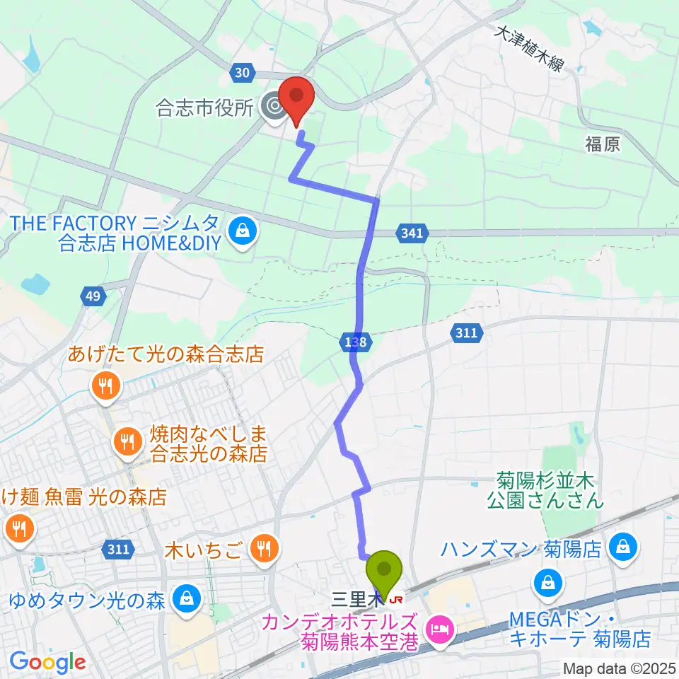 合志市文化会館の最寄駅三里木駅からの徒歩ルート（約45分）地図