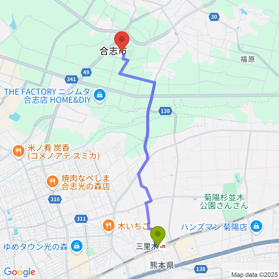 合志市文化会館の最寄駅三里木駅からの徒歩ルート（約45分）地図