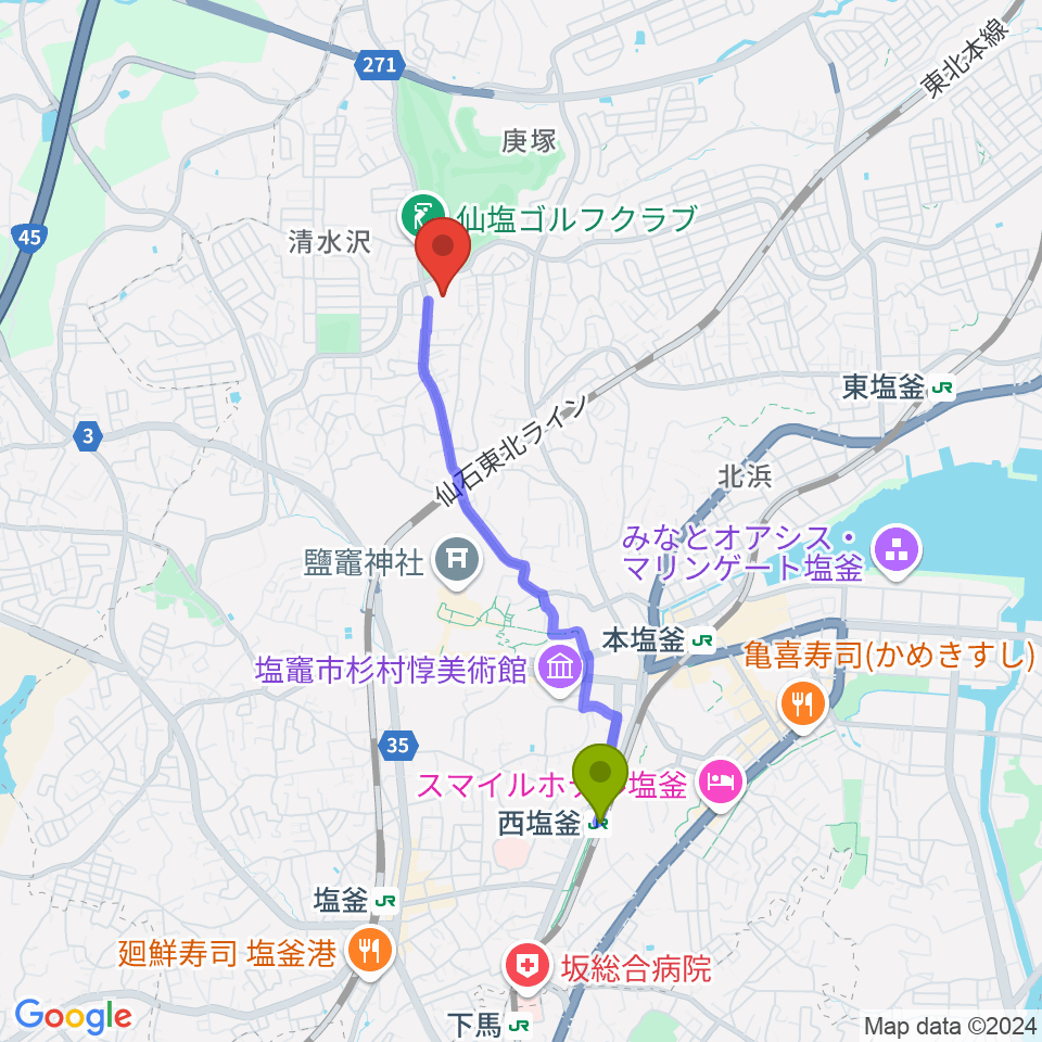 西塩釜駅から塩釜ガス体育館へのルートマップ地図