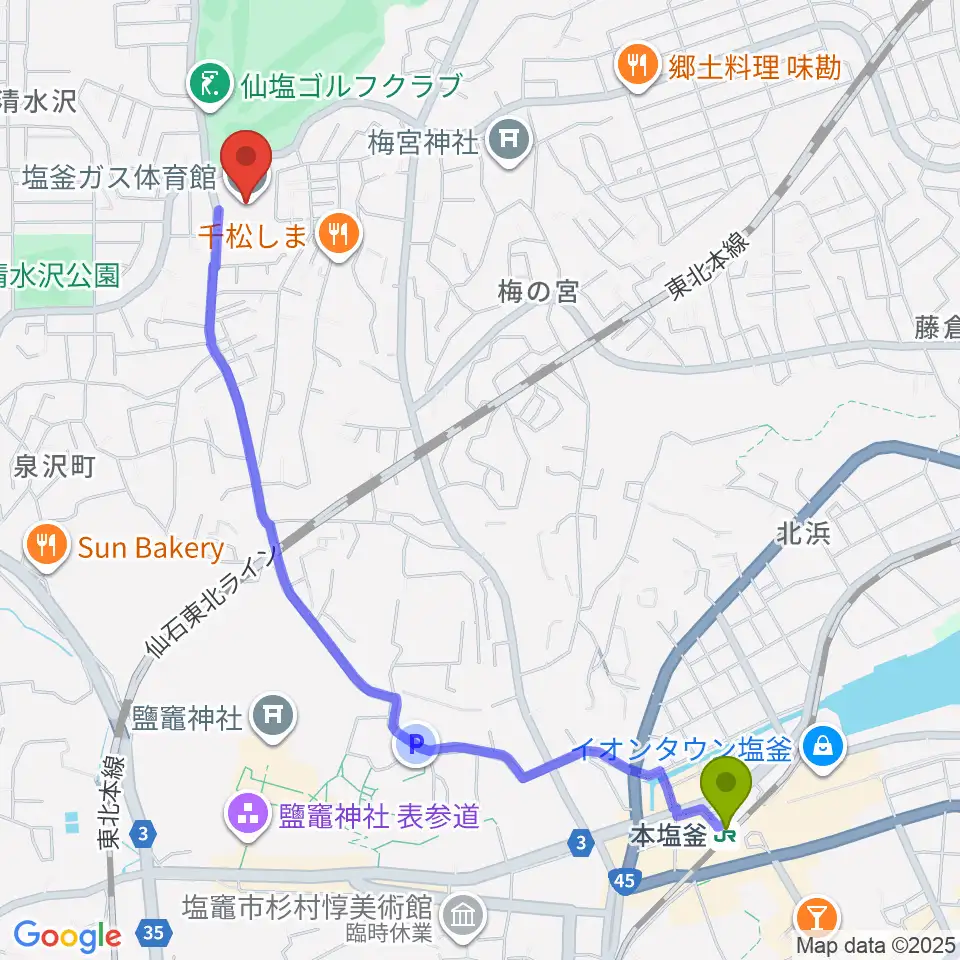 塩釜ガス体育館の最寄駅本塩釜駅からの徒歩ルート（約25分）地図