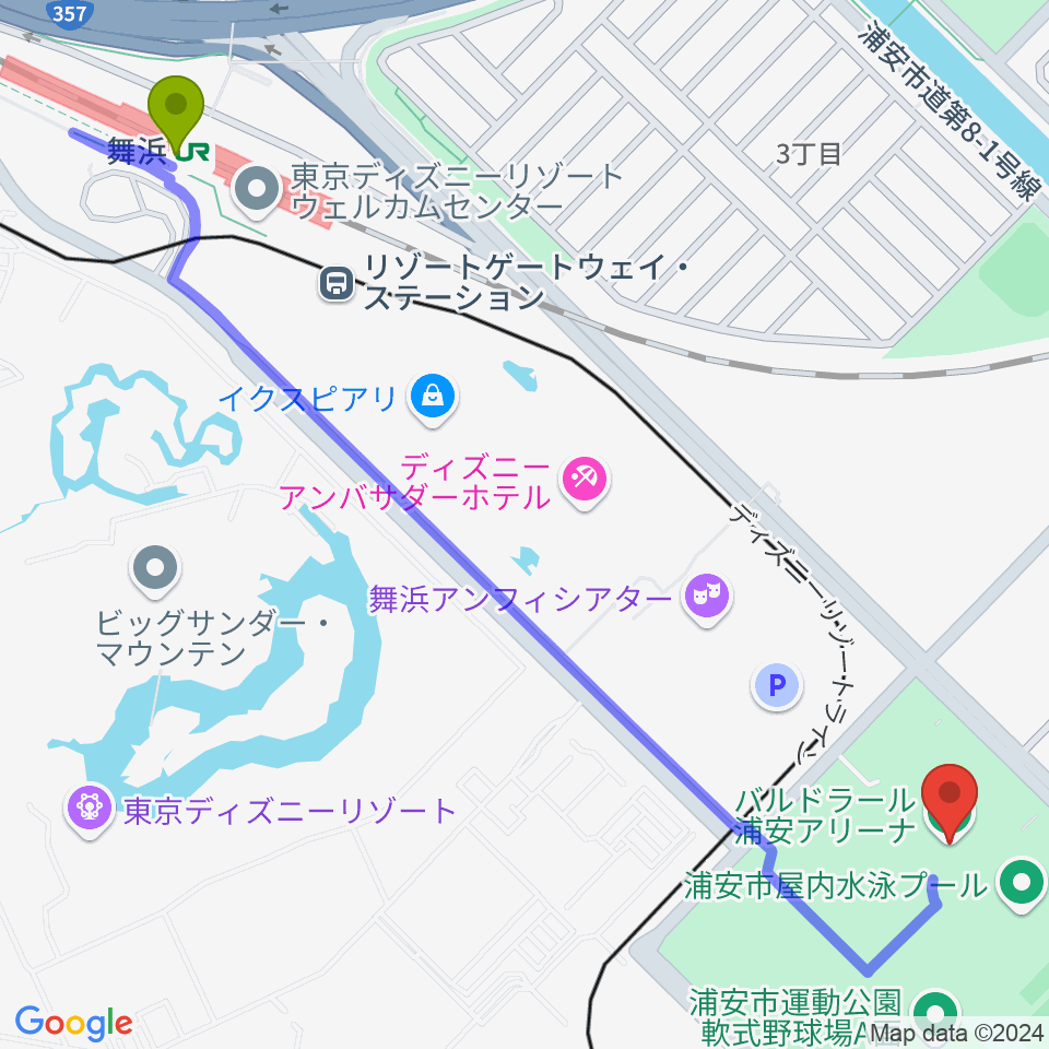 バルドラール浦安アリーナの最寄駅舞浜駅からの徒歩ルート（約15分）地図