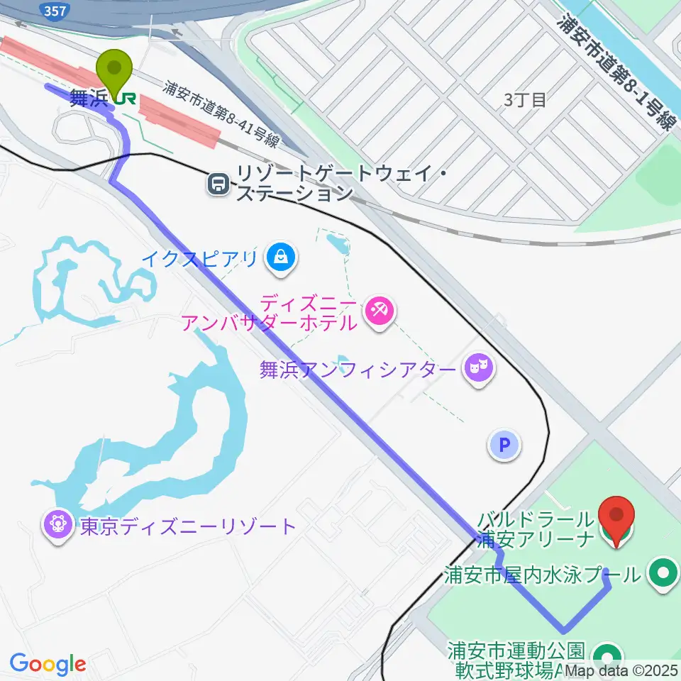 バルドラール浦安アリーナの最寄駅舞浜駅からの徒歩ルート（約15分）地図