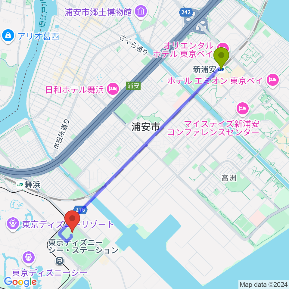 新浦安駅からバルドラール浦安アリーナへのルートマップ地図