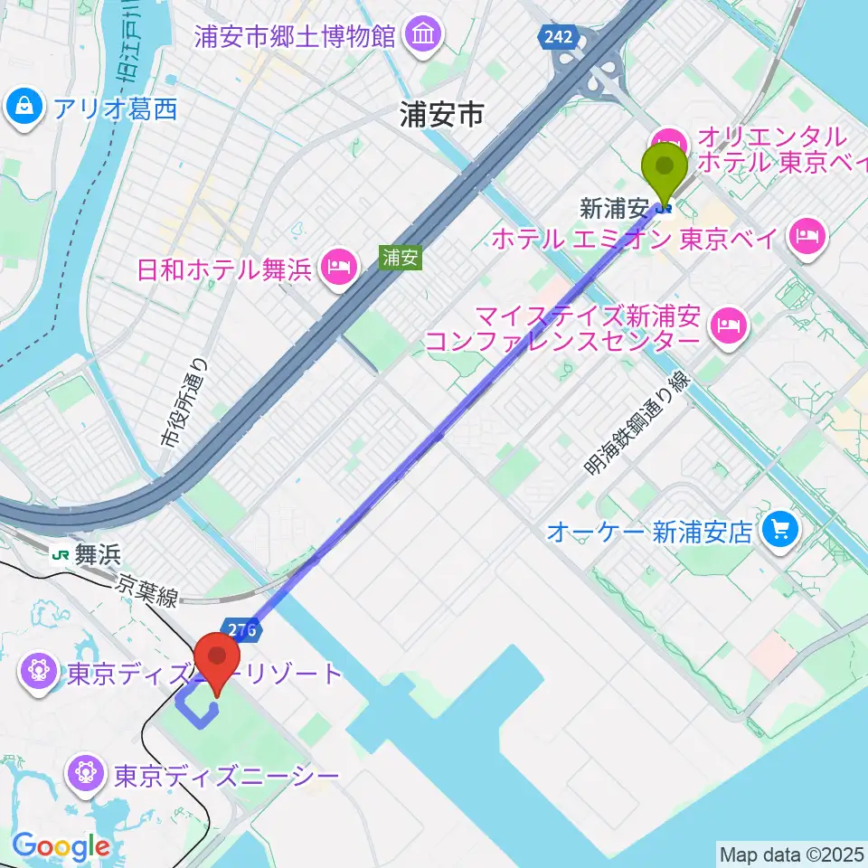 新浦安駅からバルドラール浦安アリーナへのルートマップ地図