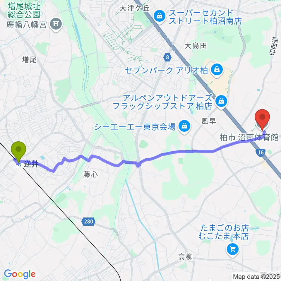 逆井駅から柏市沼南体育館へのルートマップ地図