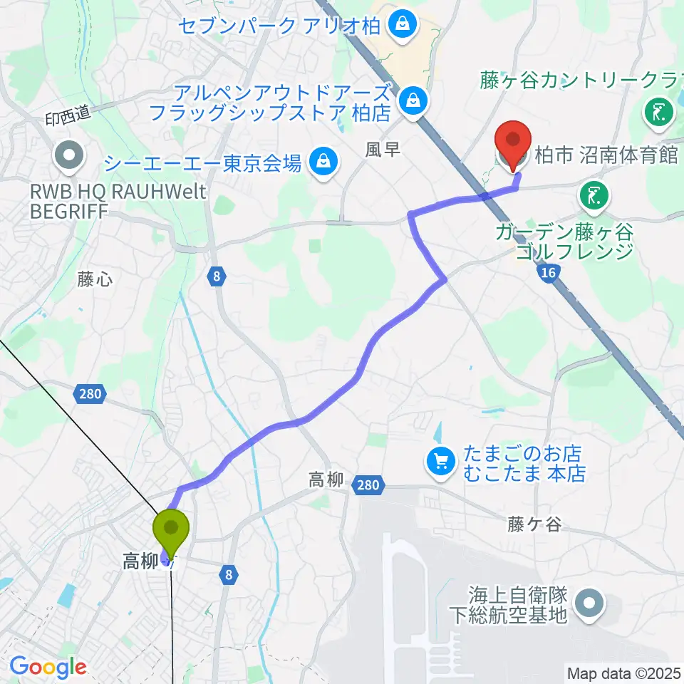 柏市沼南体育館の最寄駅高柳駅からの徒歩ルート（約47分）地図